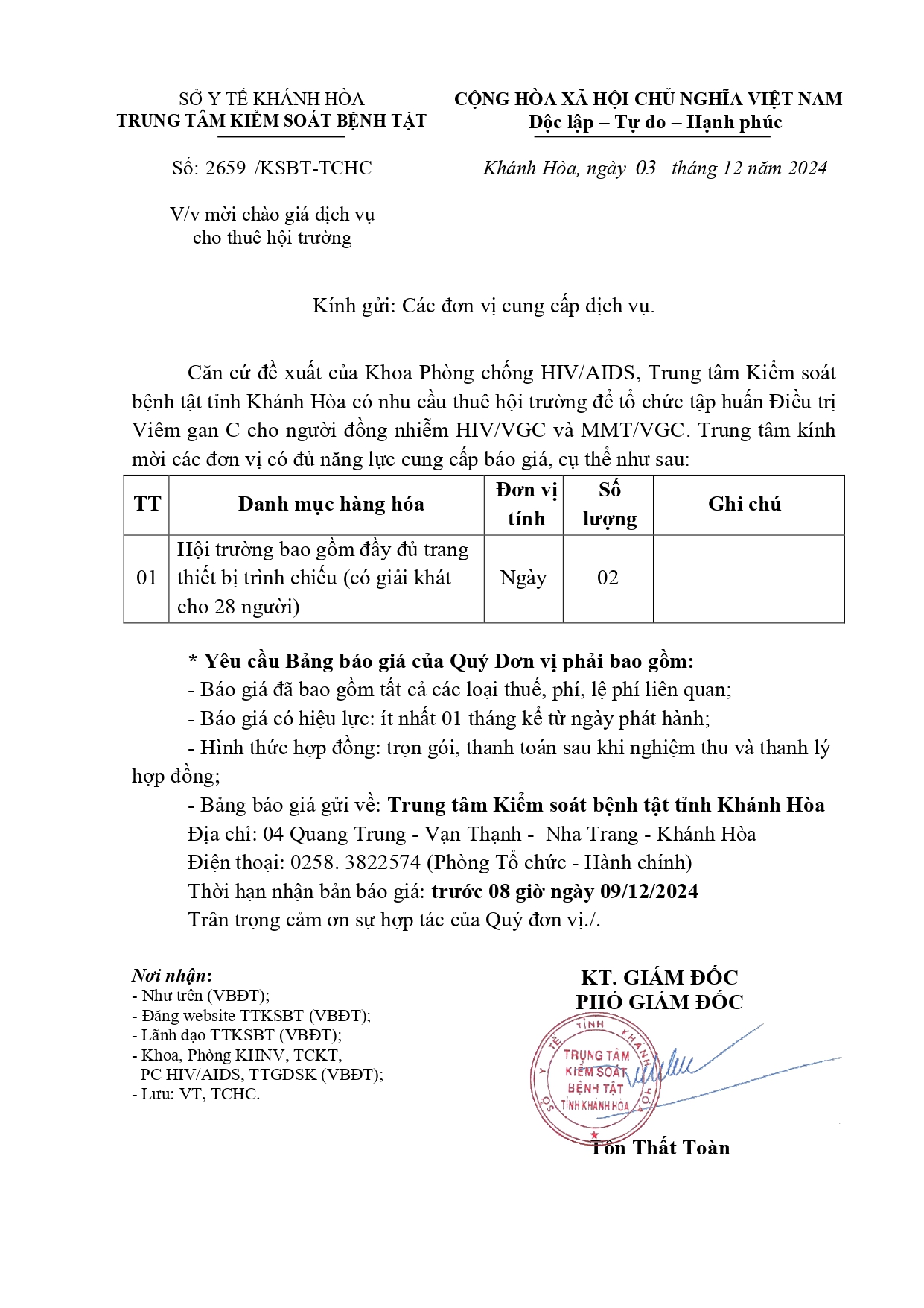 V/v mời chào giá dịch vụ cho thuê hội trường